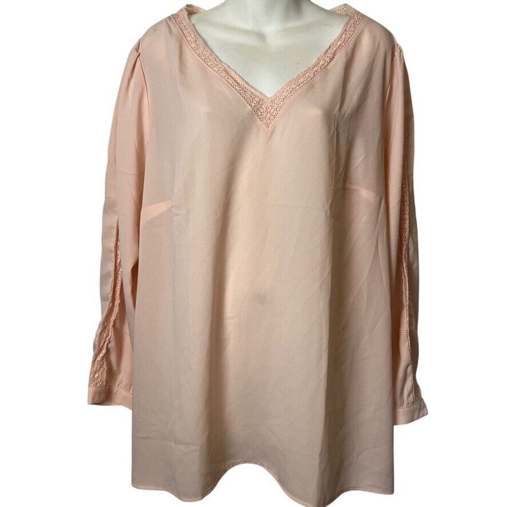 Ann Taylor Loft Plus Womens Light Pink V-Neck Crochet Long Sleeve Sheer Top 18